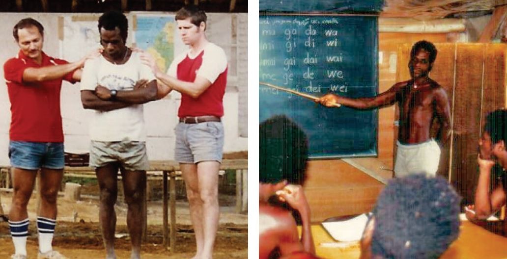 Left: Mark Zook and Dave Yunker are commissioning a Mouk teacher. Right: Teaching literacy