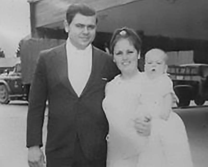 Mark and Joyce Cain with baby Brad after stepping off the airplane in Bogotá, Colombia